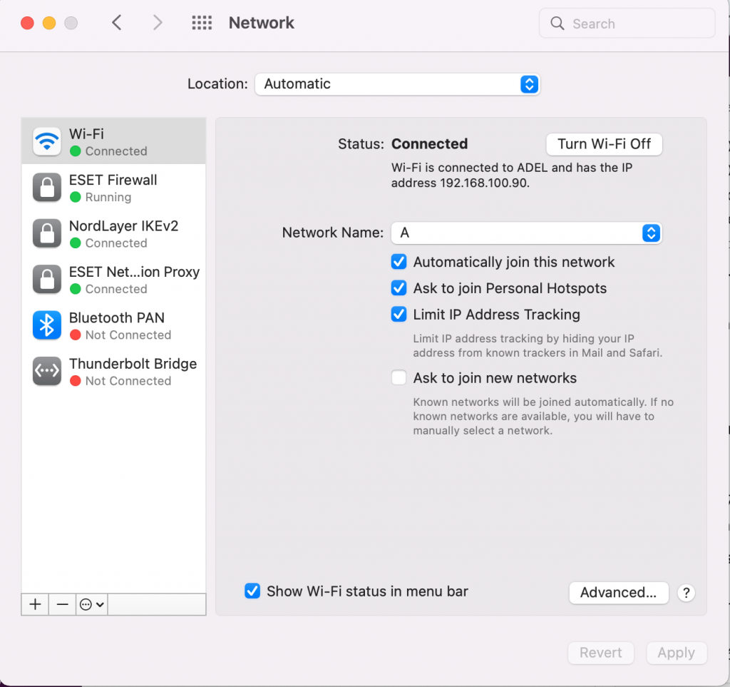 El men&uacute; de configuraci&oacute;n de red en macOS