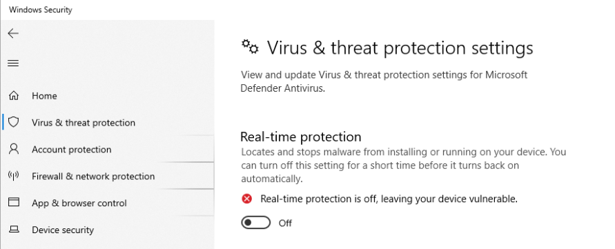 El men&uacute; de protecci&oacute;n en tiempo real de Windows Defender
