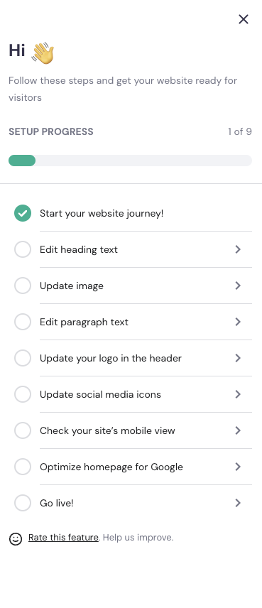 Lista de verificaci&oacute;n de primeros pasos en el Creador de p&aacute;ginas web de Hostinger