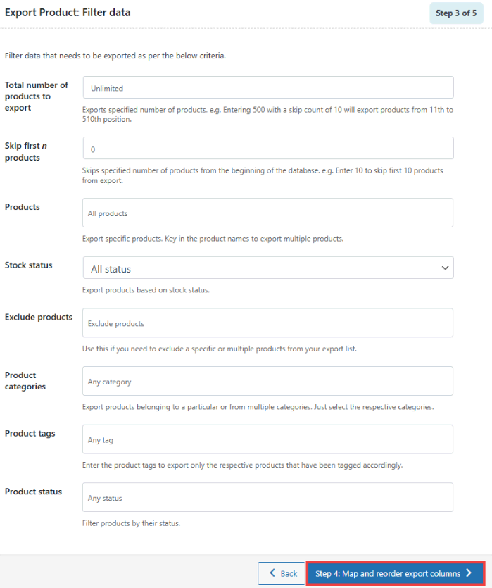 Paso 3 del proceso de importación y exportación de productos (exportación avanzada): filtrar datos
