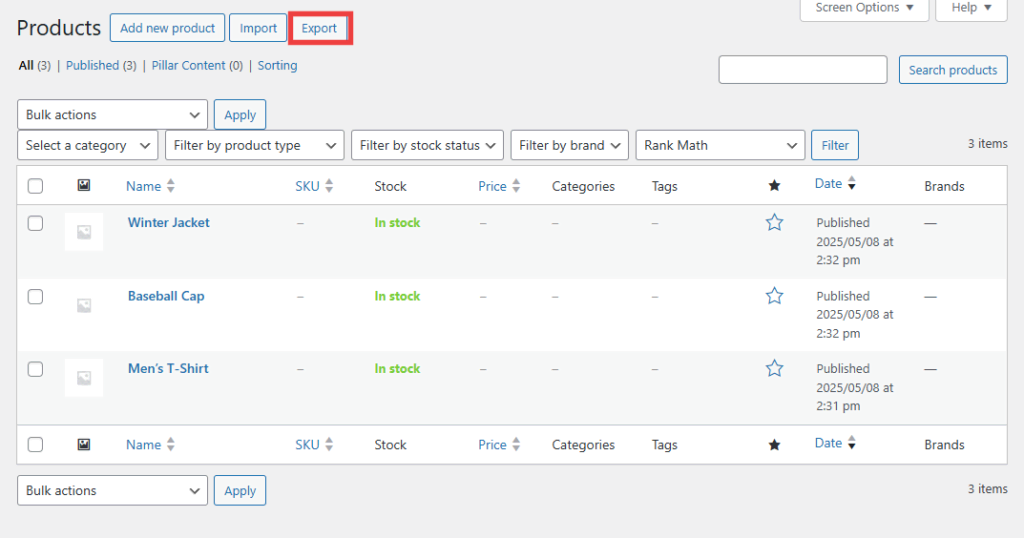 Lista de productos de WooCommerce con el botón Exportar resaltado