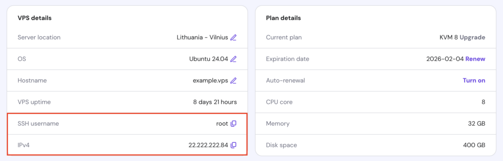 La informaci&oacute;n del usuario de SSH y de IPv4 en la p&aacute;gina de Resumen del VPS de hPanel