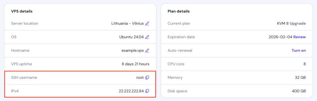 La información del usuario de SSH y de IPv4 en la página de Resumen del VPS de hPanel