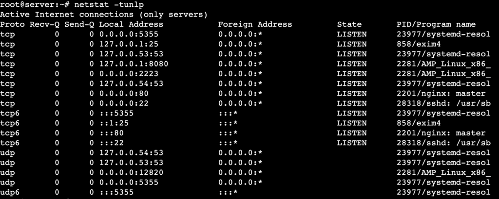 La salida del comando netstat -tunlp muestra todas las conexiones TCP y UDP en escucha con direcciones numéricas y los procesos relacionados.