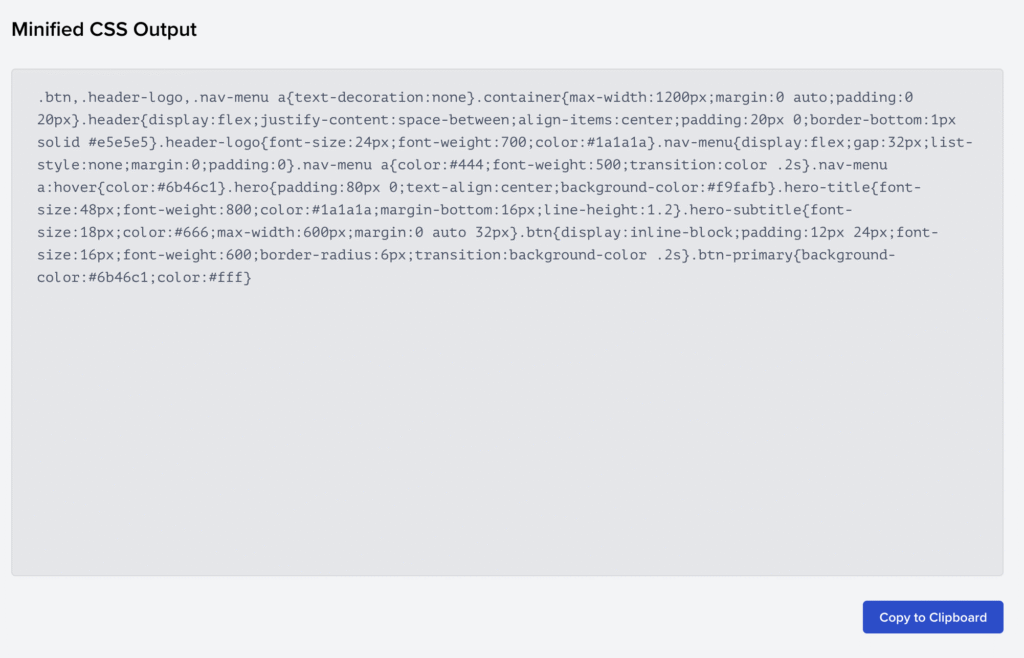 Salida de CSS minificado mostrada en Toptal CSS Minifier con un bot&oacute;n para copiar