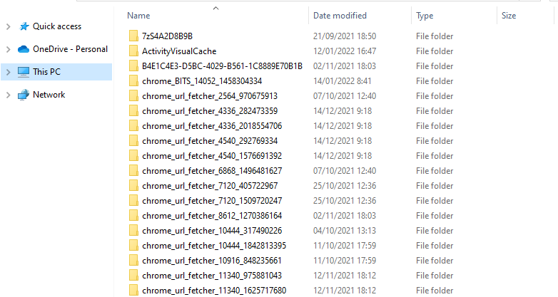 Una lista de carpetas en el directorio temporal de Windows