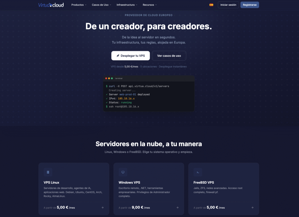 Captura de la web de Virtua.Cloud