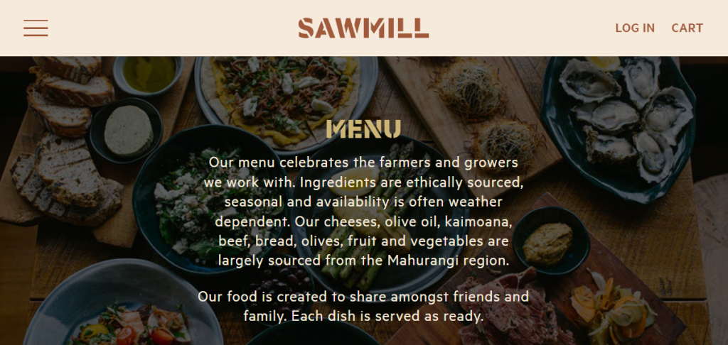 El enfoque de abastecimiento de Sawmill Brewery destacado en su p&aacute;gina de Men&uacute;