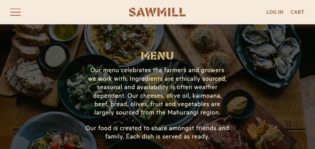 El enfoque de abastecimiento de Sawmill Brewery destacado en su página de Menú