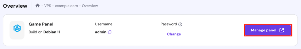 El bot&oacute;n de acceso al Panel de Juegos en el men&uacute; de Resumen de VPS de hPanel