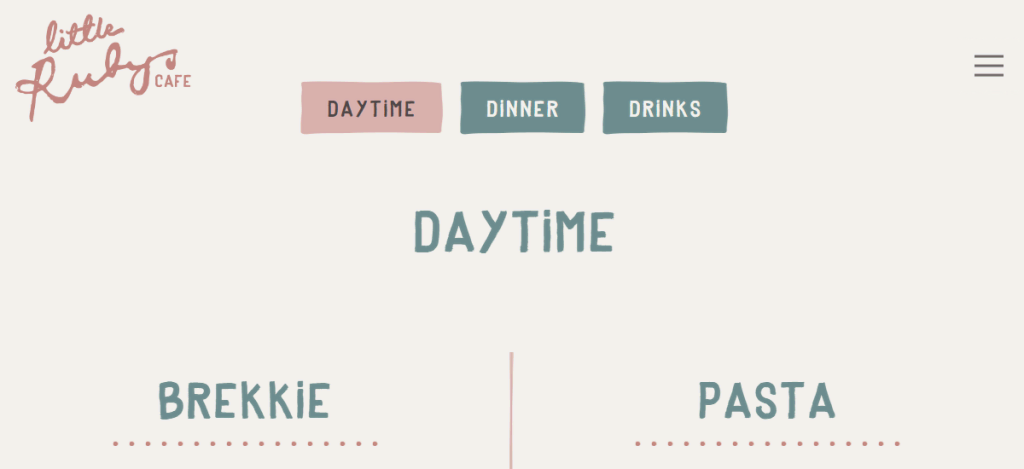 La categorización del menú en Little Ruby's Cafe