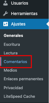 El menú de discusión en la barra lateral del panel de administración de WordPress
