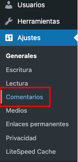 El menú de discusión en la barra lateral del panel de administración de WordPress