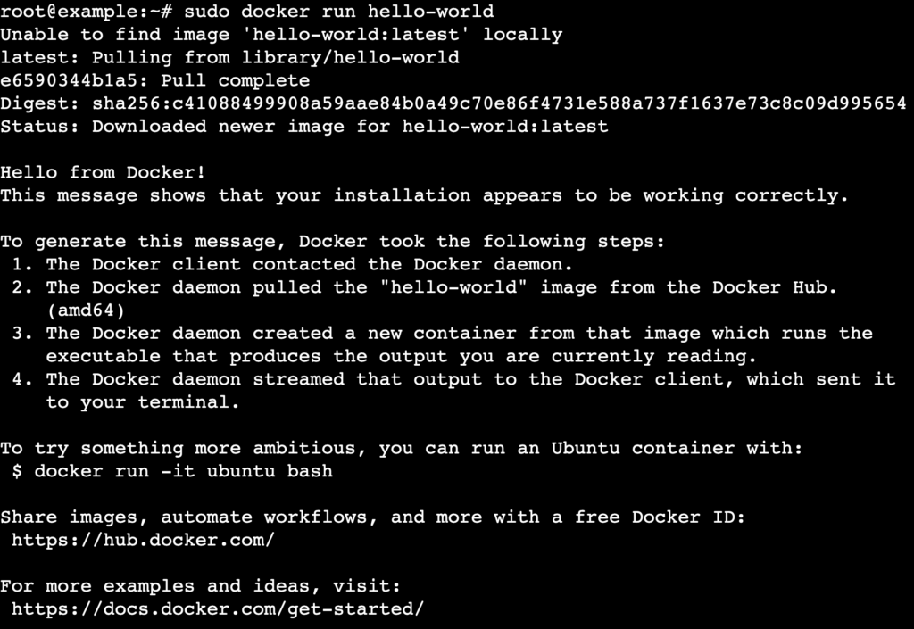 Una salida de la terminal que muestra el mensaje de &eacute;xito al descargar la imagen de prueba hello-world
