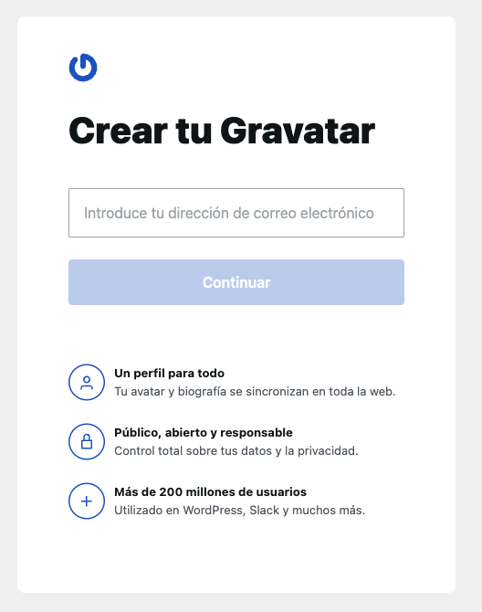 Menú de inicio para configurar la cuenta de Gravatar en explicación de qué es Gravatar