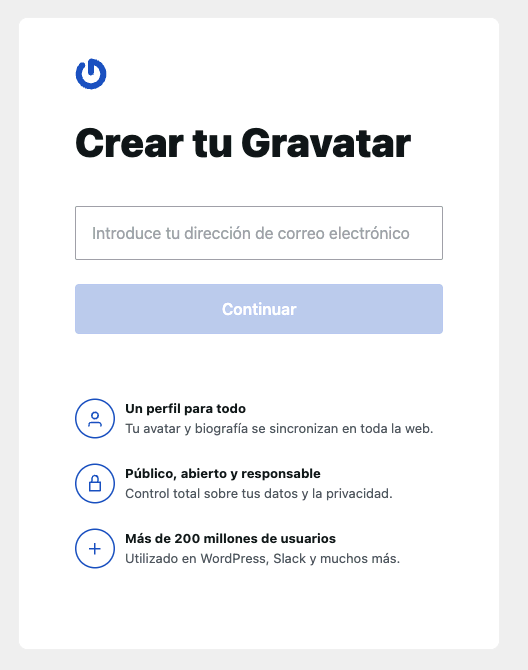 Menú de inicio para configurar la cuenta de Gravatar en explicación de qué es Gravatar