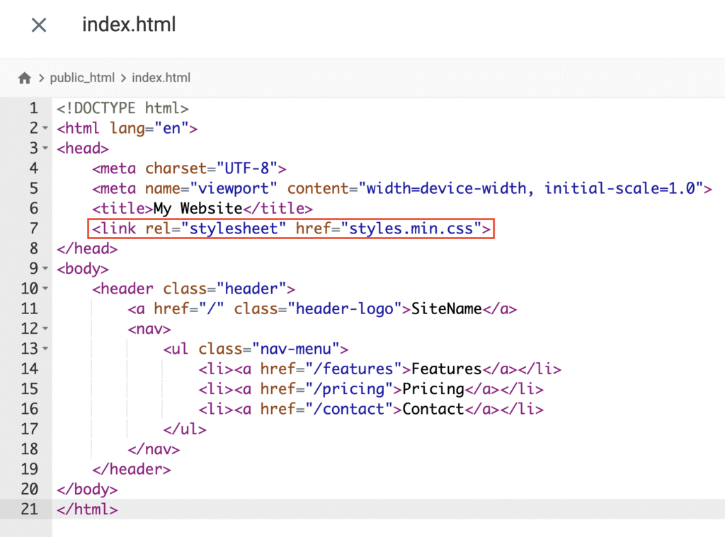 Archivo HTML en el Administrador de archivos de Hostinger con el enlace a styles.min.css resaltado