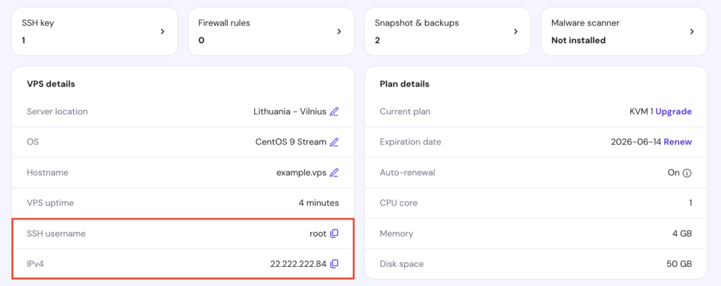 Las credenciales SSH en la p&aacute;gina Resumen del VPS de hPanel