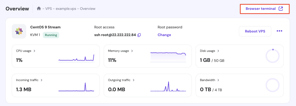 El bot&oacute;n de terminal en el navegador en la p&aacute;gina Resumen de VPS de hPanel