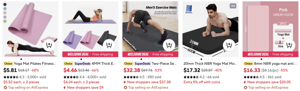 Resultados de búsqueda en AliExpress que muestran listados de productos de tapetes de yoga