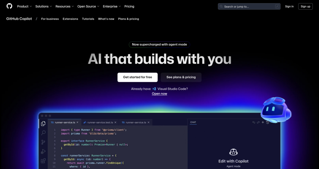 P&aacute;gina de inicio de GitHub Copilot