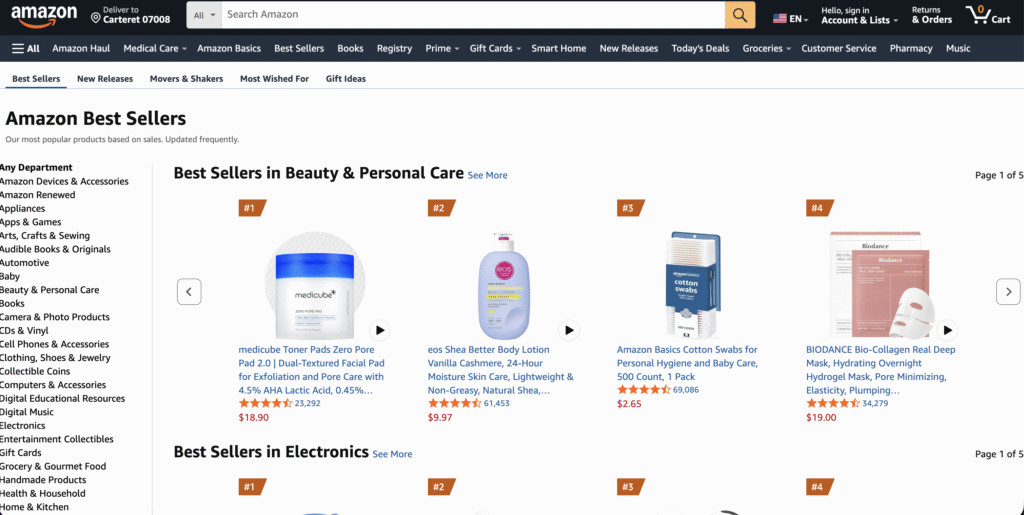 P&aacute;gina de los m&aacute;s vendidos de Amazon con productos de belleza y cuidado personal