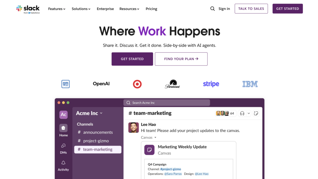 P&aacute;gina principal de Slack