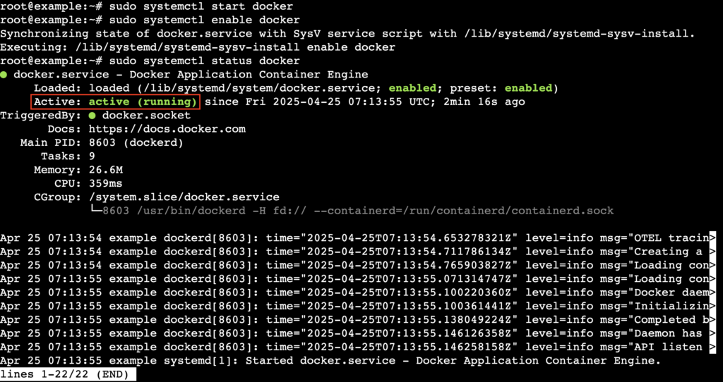 Una salida de terminal que muestra un estado activo (en ejecuci&oacute;n) del servicio de Docker