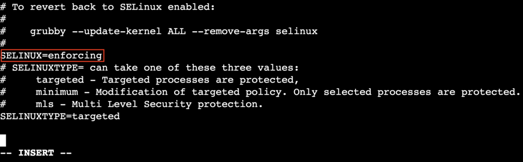 El valor de la directiva del archivo de configuraci&oacute;n de SELinux en el editor de texto vi