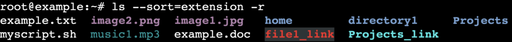 La salida del comando ls --sort=extension -r en la terminal