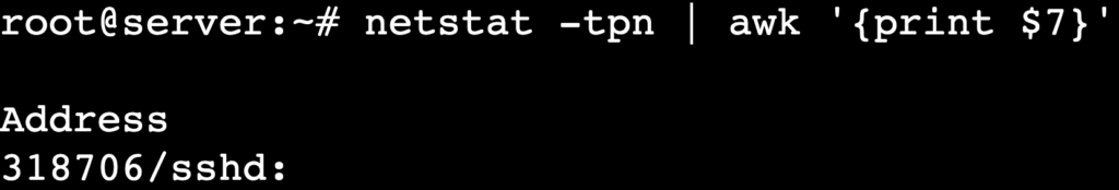 La salida del comando netstat -tpn | awk '{print }' muestra los PID y los nombres de los programas.
