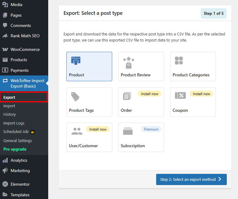 Panel de WordPress que muestra el enlace de exportación del plugin Product Import Export