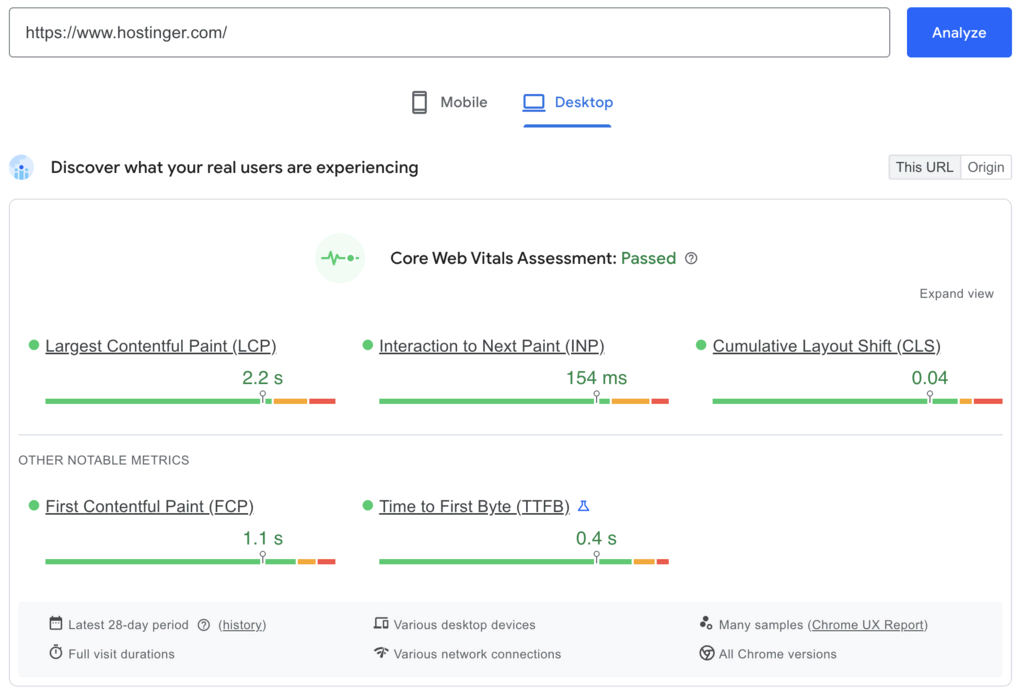 Resultados de PageSpeed Insights de Hostinger.com
