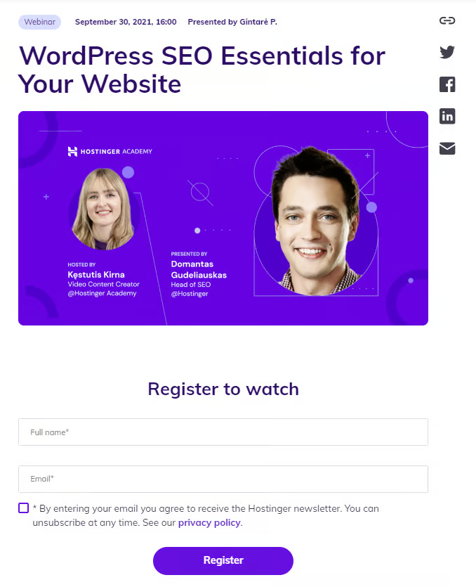 Página de registro para un webinar de Hostinger