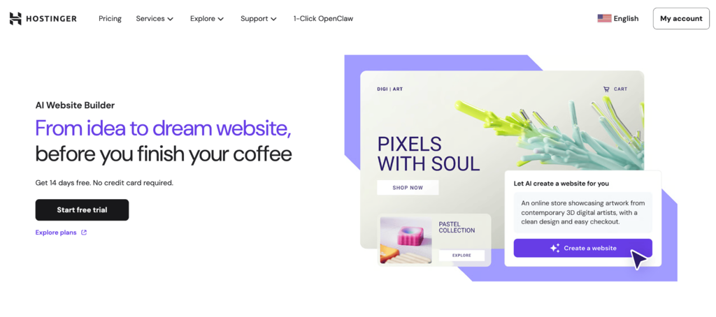 P&aacute;gina principal del creador de sitios web con IA de Hostinger