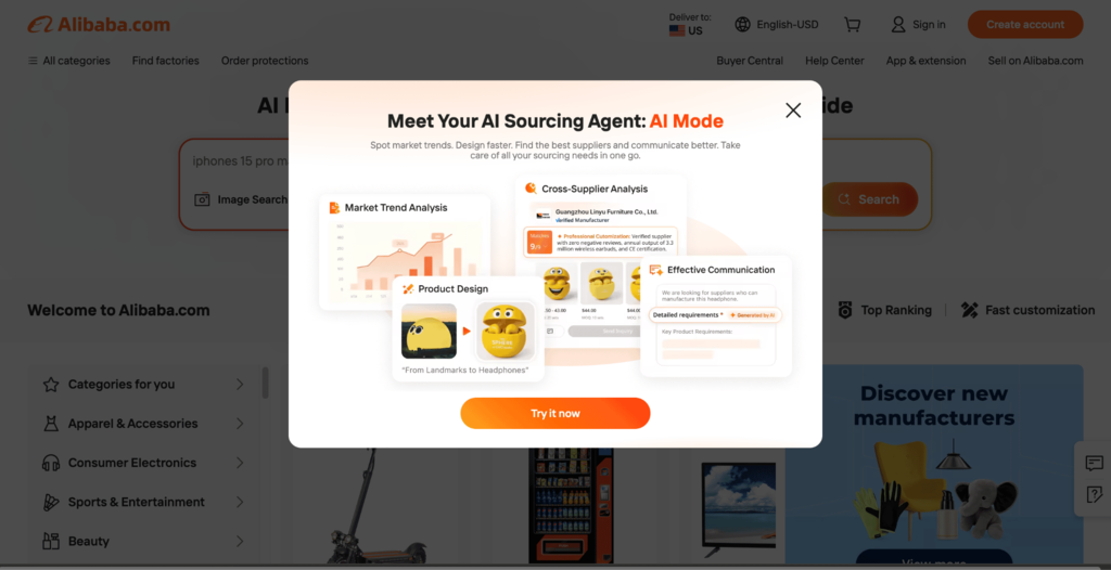 P&aacute;gina principal de Alibaba que muestra una ventana emergente con funciones de IA