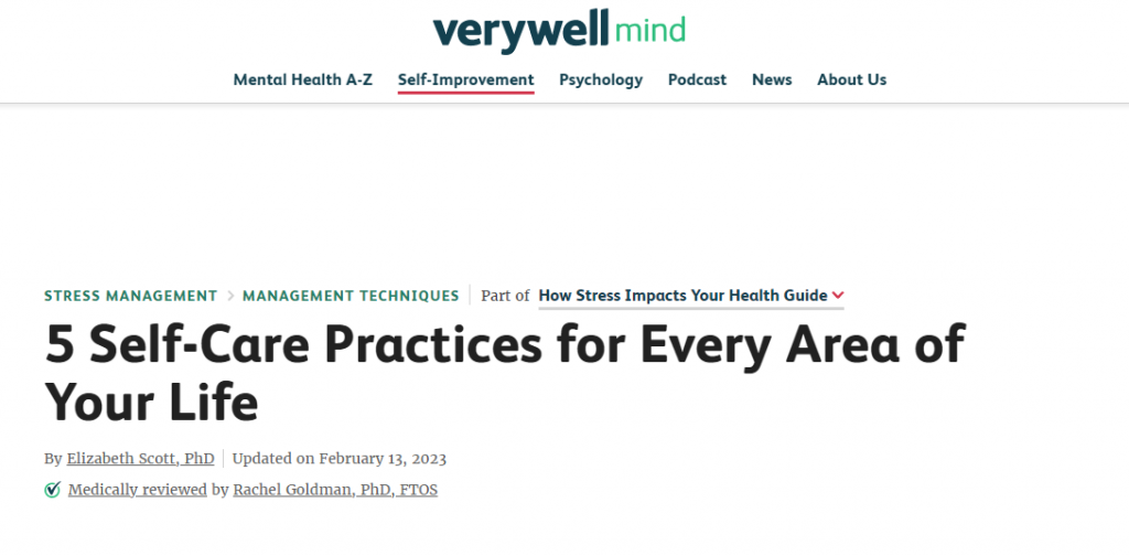 El art&iacute;culo &ldquo;Las 5 pr&aacute;cticas de autocuidado para cada &aacute;rea de tu vida&rdquo; en el sitio web de Verywell Mind