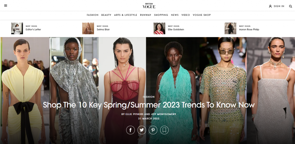 El art&iacute;culo &laquo;Compra las 10 tendencias clave de primavera/verano 2023 que debes conocer ahora&raquo; del sitio web de British Vogue