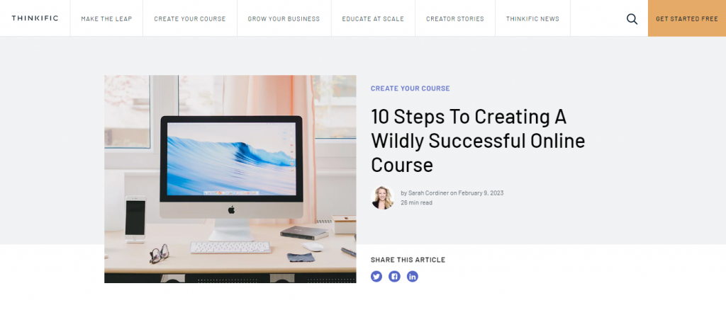El art&iacute;culo &laquo;Los 10 pasos para crear un curso en l&iacute;nea exitoso&raquo; en el sitio web de Thinkific
