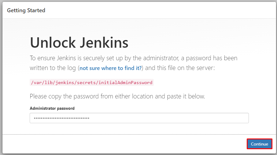 Campo de contraseña del administrador para desbloquear Jenkins con un borde rojo que indica el botón Continuar