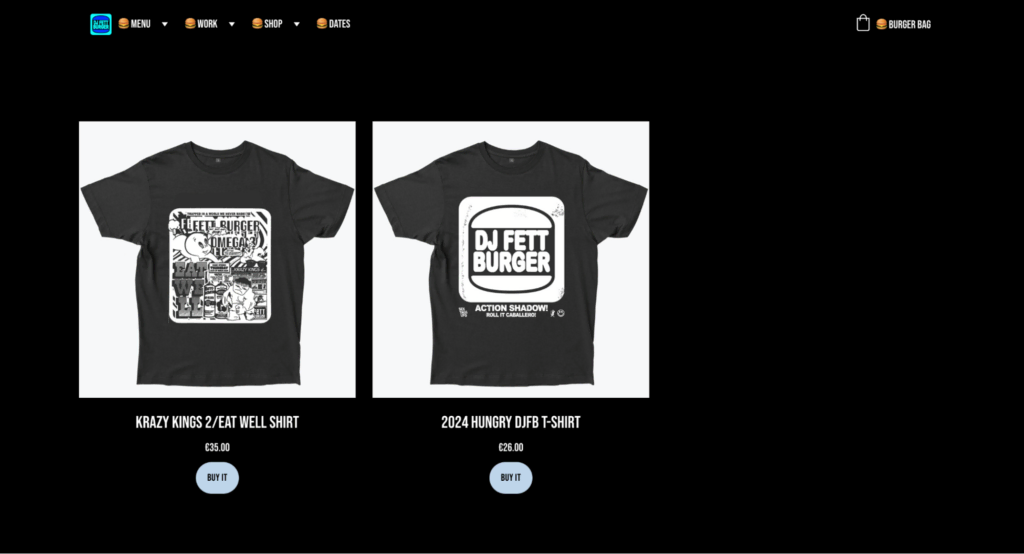 La tienda de arte en línea de Fettburger con la categoría de camisetas a la vista