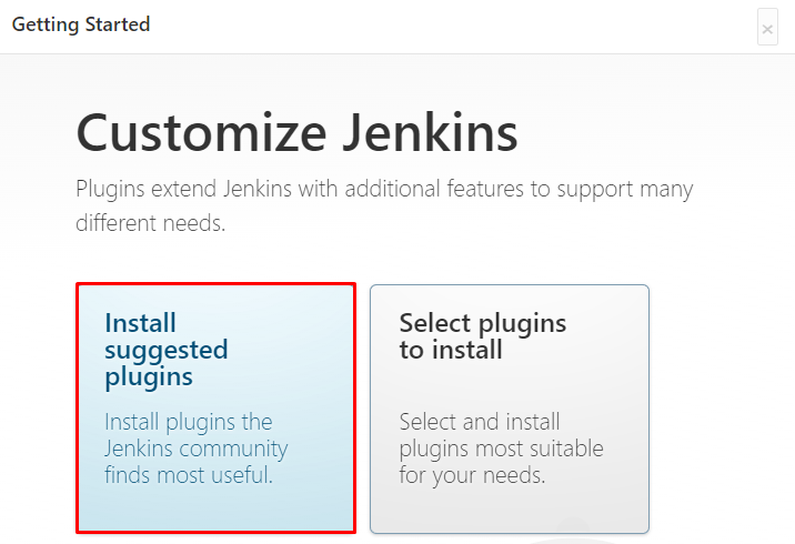 La ventana “Personalizar Jenkins” con un borde rojo que indica la opción de instalar los complementos sugeridos