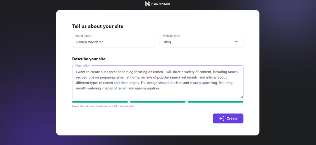 Página para introducir indicaciones del Creador de páginas web con IA de Hostinger para WordPress