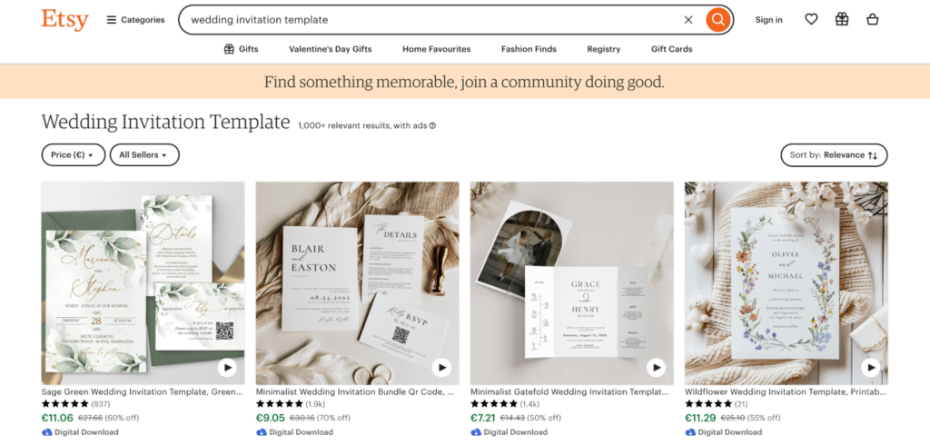 Plantillas de invitaciones de boda en Etsy