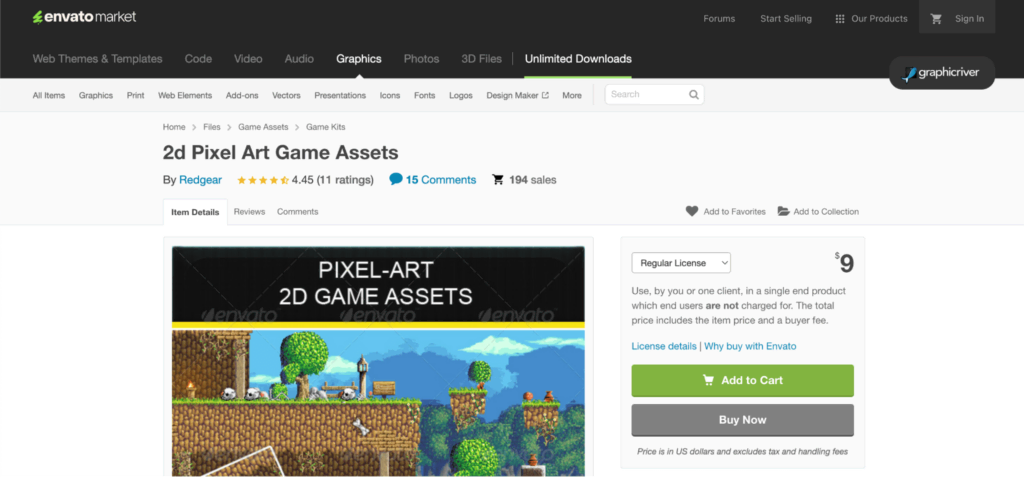 Un ejemplo de arte de píxeles en 2D que se vende en Envato Market