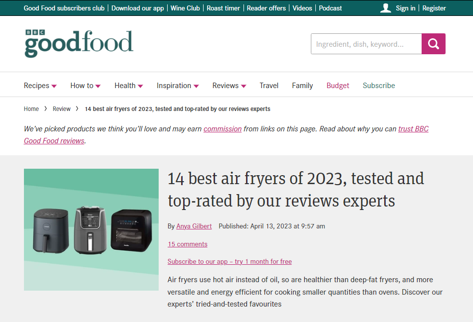 El art&iacute;culo &laquo;Las 14 mejores freidoras de aire de 2023&raquo; en el sitio web de BBC Good Food
