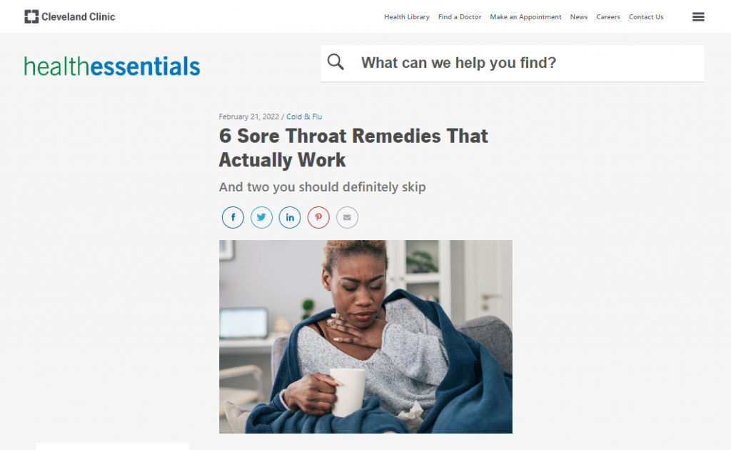 El art&iacute;culo &ldquo;Los 6 remedios para el dolor de garganta que de verdad funcionan&rdquo; en el sitio web de Cleveland Clinic