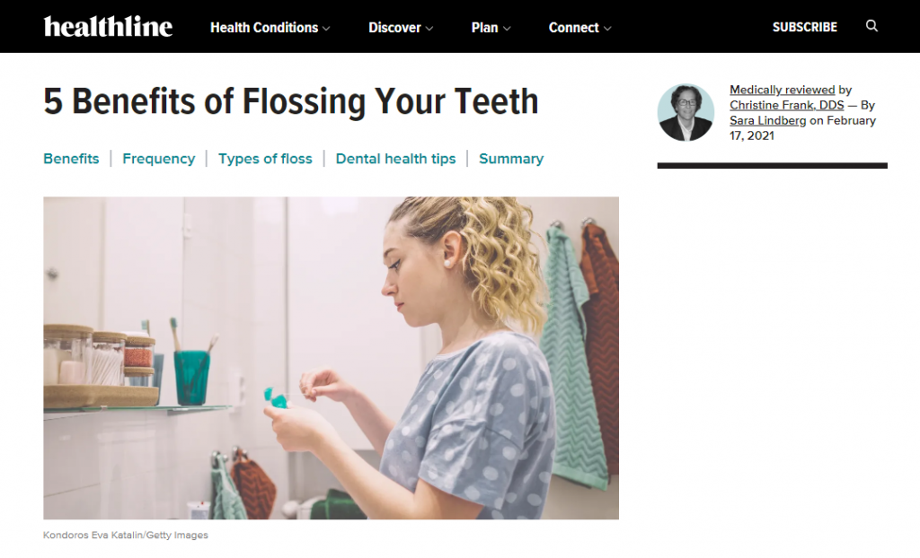 El art&iacute;culo sobre los 5 beneficios de usar hilo dental en el sitio web de Healthline