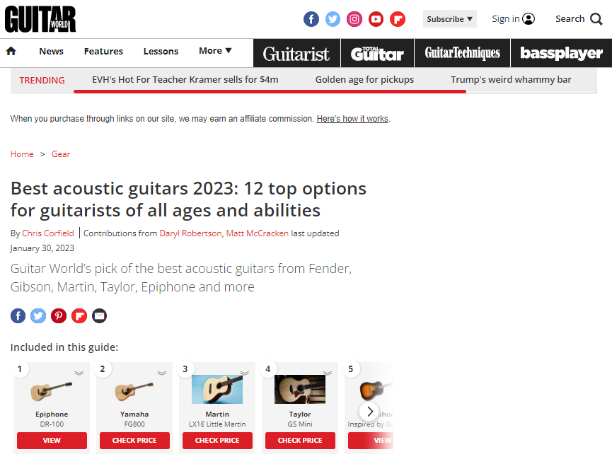 El art&iacute;culo &laquo;Las mejores guitarras ac&uacute;sticas de 2023: 12 opciones destacadas para guitarristas de todas las edades y niveles&raquo; en el sitio web de Guitar World