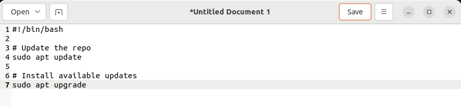 Contenido de un archivo .sh en un editor de texto con interfaz gr&aacute;fica
